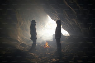 two people standing in front of a fire in a cave