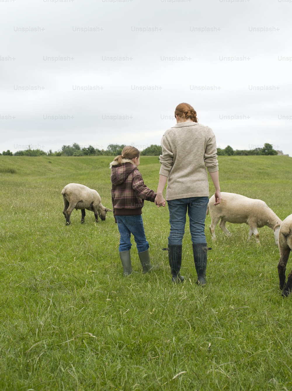 a woman and a child are standing in a field with sheep