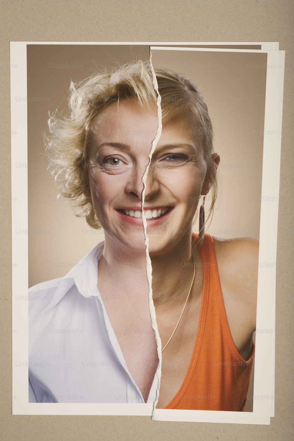 a woman with blonde hair and a white shirt has a torn picture of her face