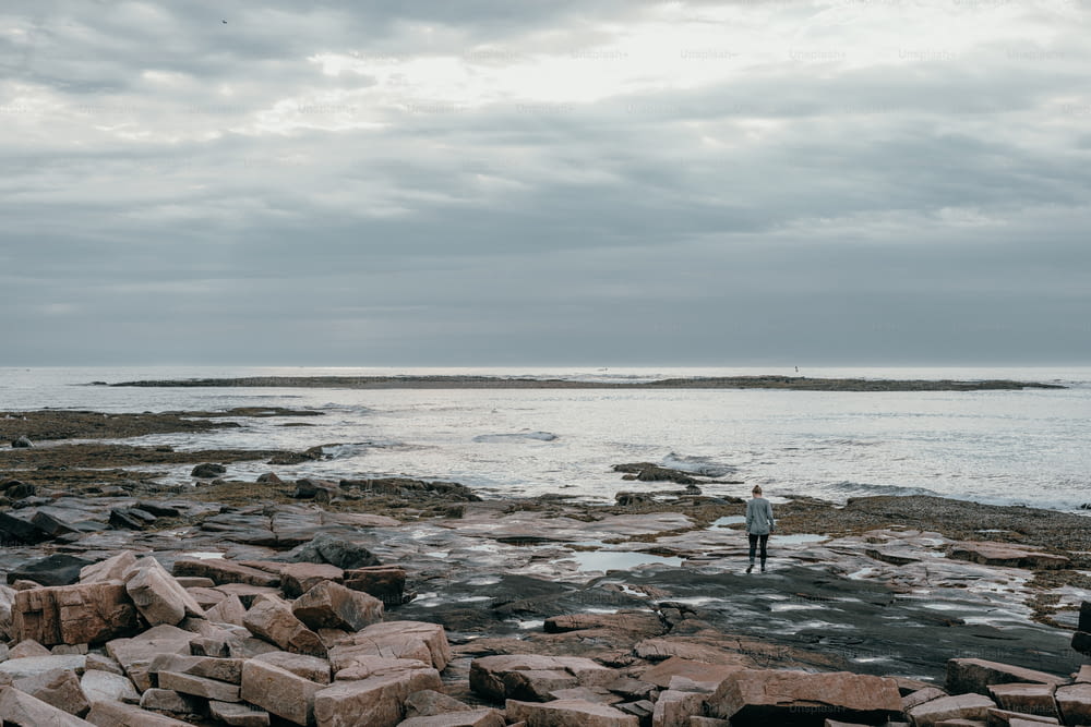 Un hombre parado en una orilla rocosa junto al océano