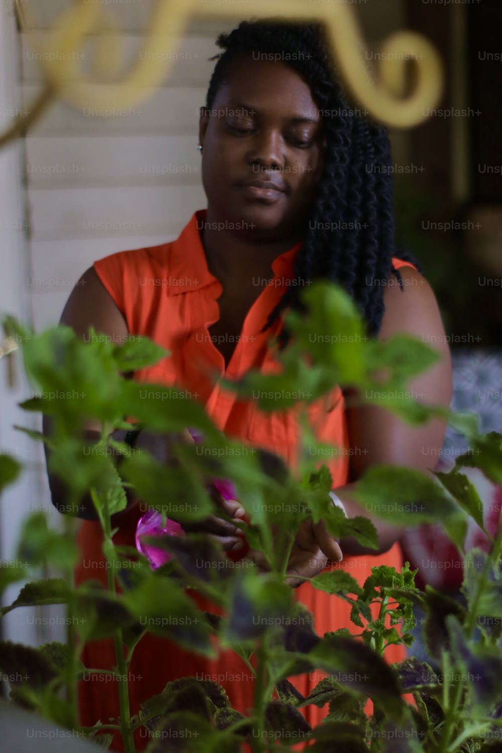 a woman in an orange shirt is looking at a plant