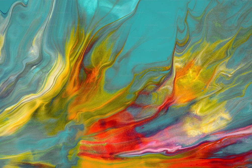 Una pintura abstracta de un esquema de color azul, amarillo y rojo