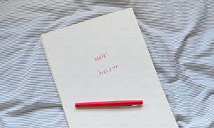un bloc de notas con un bolígrafo rojo encima