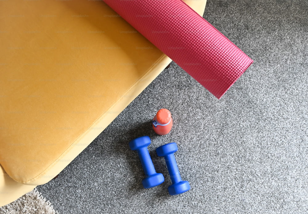 um par de mudos azuis sentados no chão ao lado de um tapete de ioga