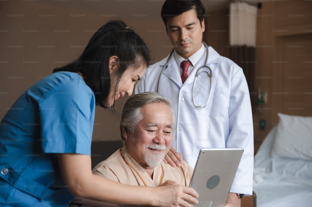 health insurance concept, Elderly patients living in hospital for medical checking by professional doctor and support by nurse, medicine health care for senior person