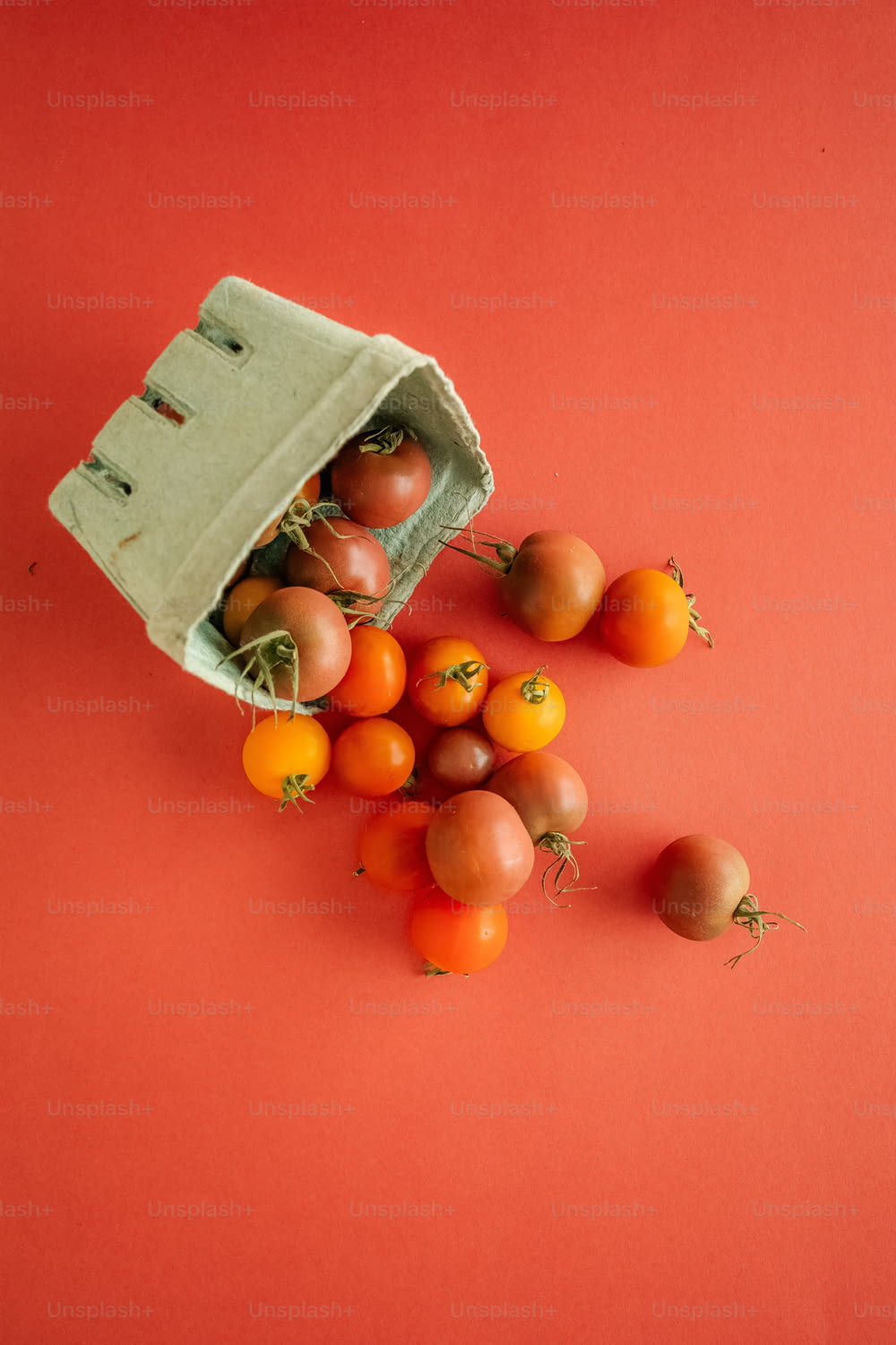 a bag of tomatoes on a red surface