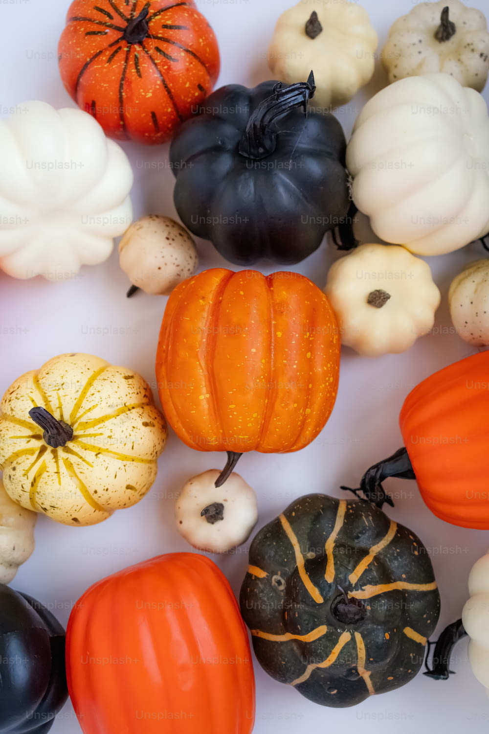a group of pumpkins and gourds on a white surface