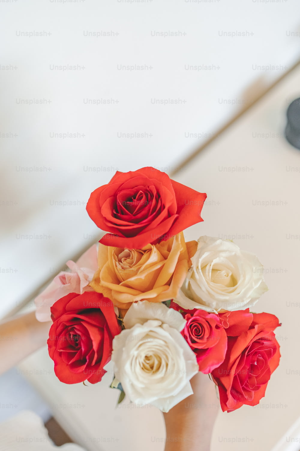 une personne tenant un bouquet de roses rouges et blanches