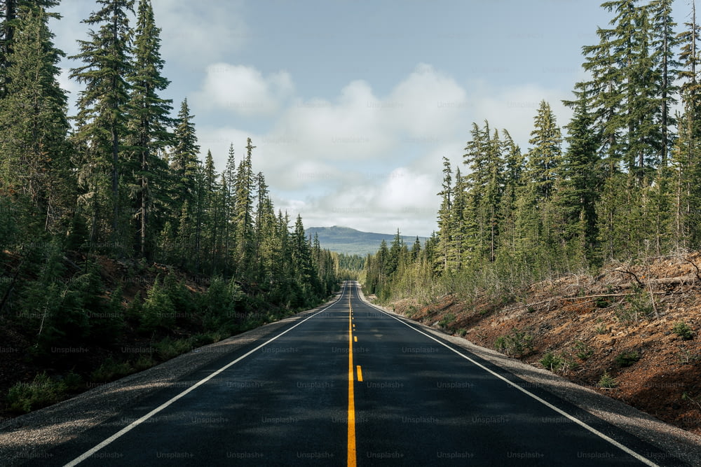 an empty road surrounded by trees and mountains