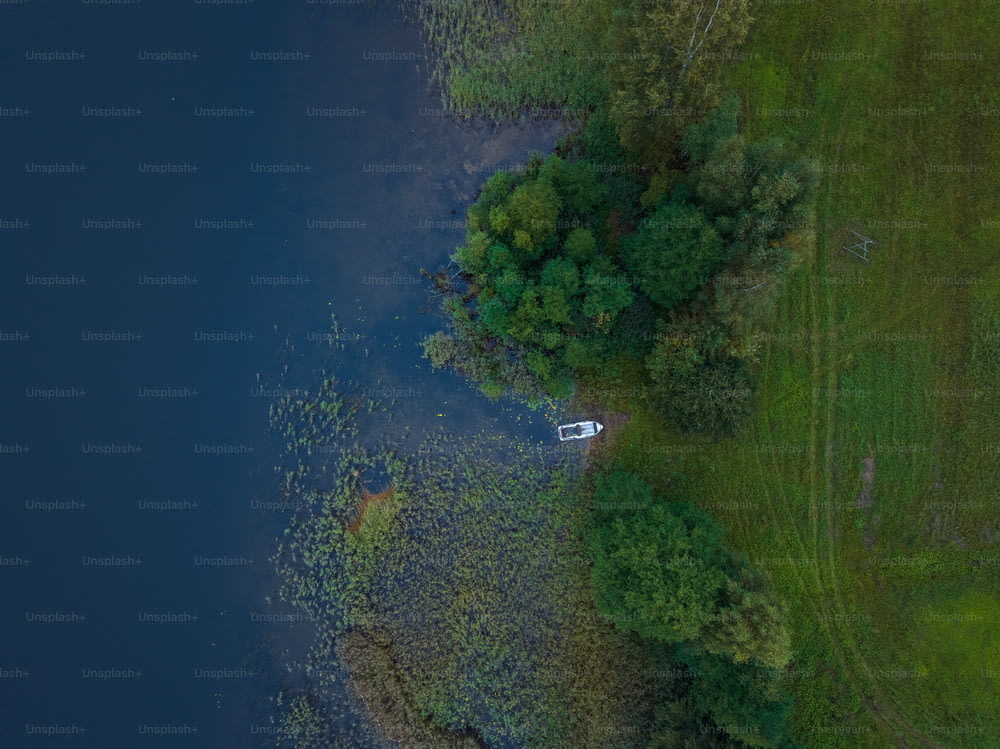 an aerial view of a field and a body of water