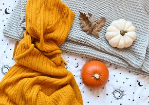 a blanket, pumpkins, and a scarf on a bed