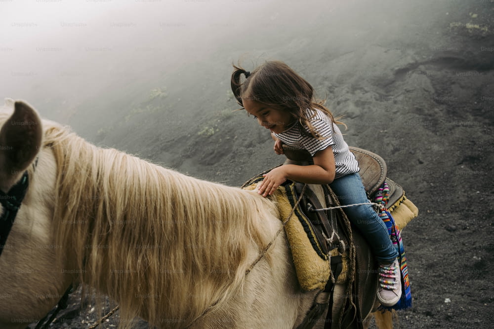 a little girl riding on the back of a white horse