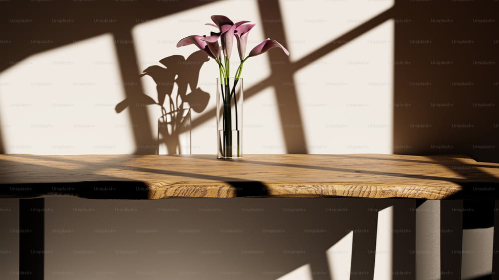 a wooden table with a vase of flowers on top of it
