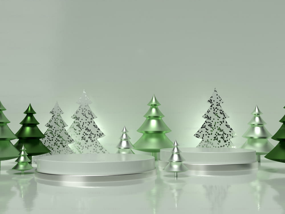 a group of green and silver christmas trees
