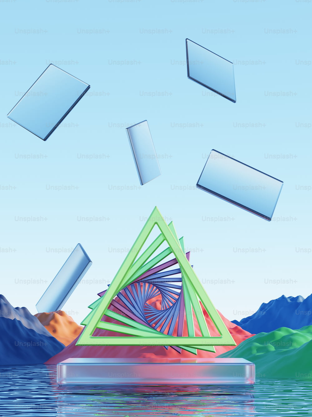 물 속에 떠 있는 피라미드의 컴퓨터 생성 이미지