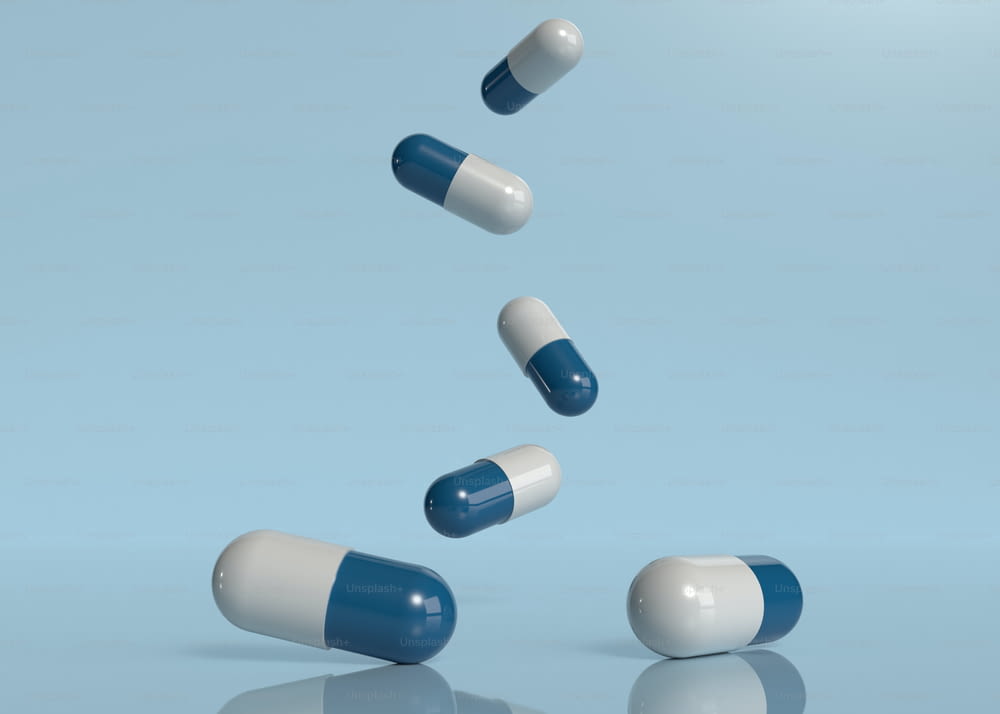 a group of pills flying through the air