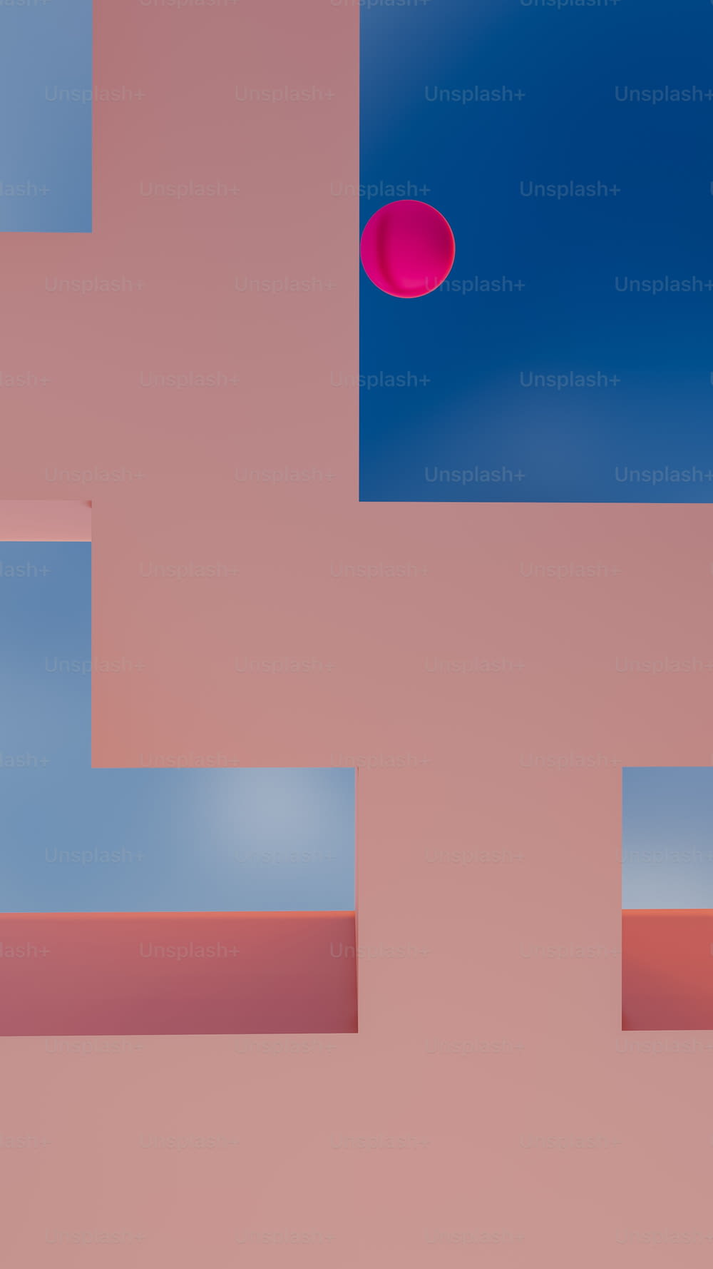 a pink and blue background with a red object in the middle