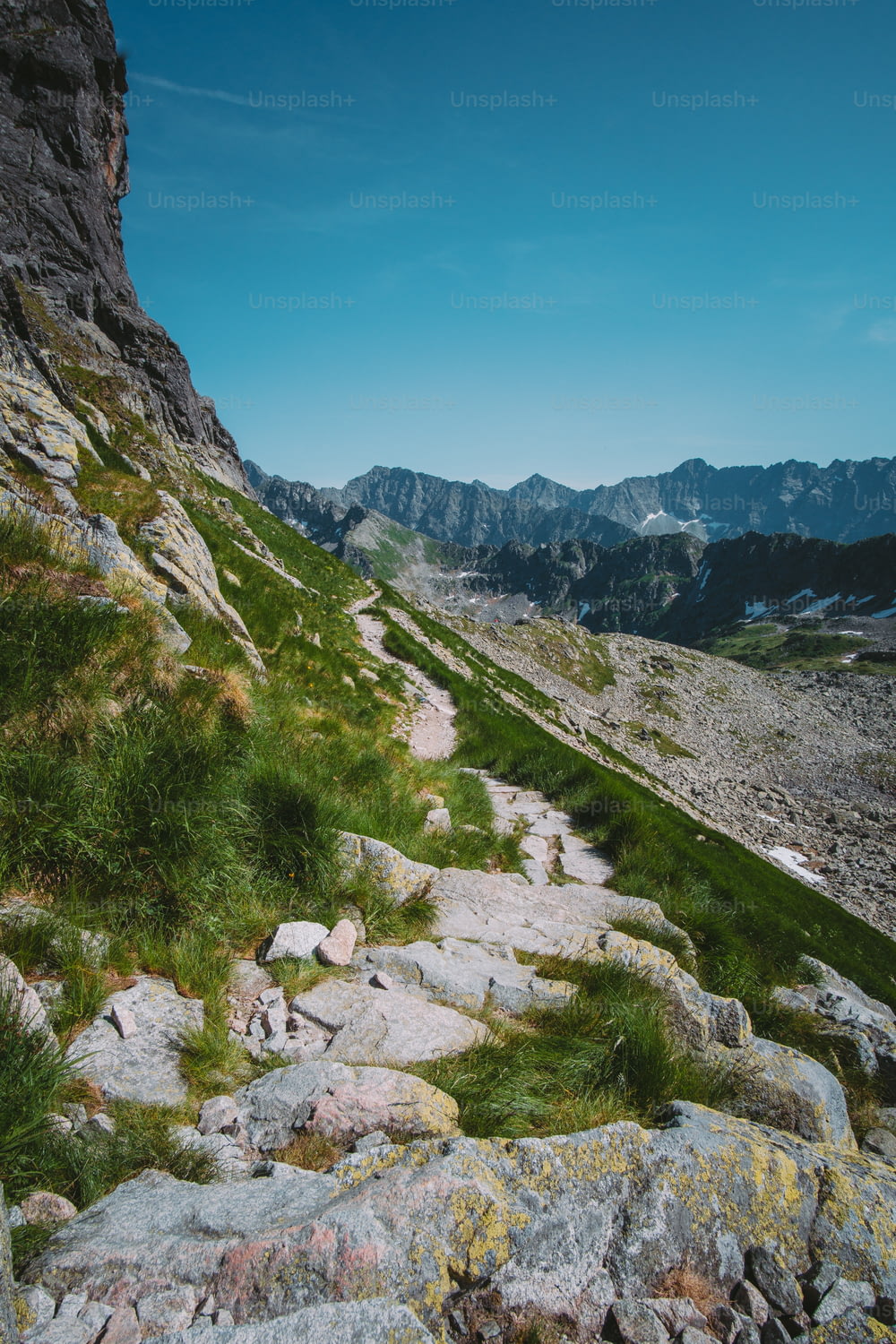un sentiero roccioso con erba e rocce sul lato