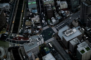 an aerial view of a city street and buildings