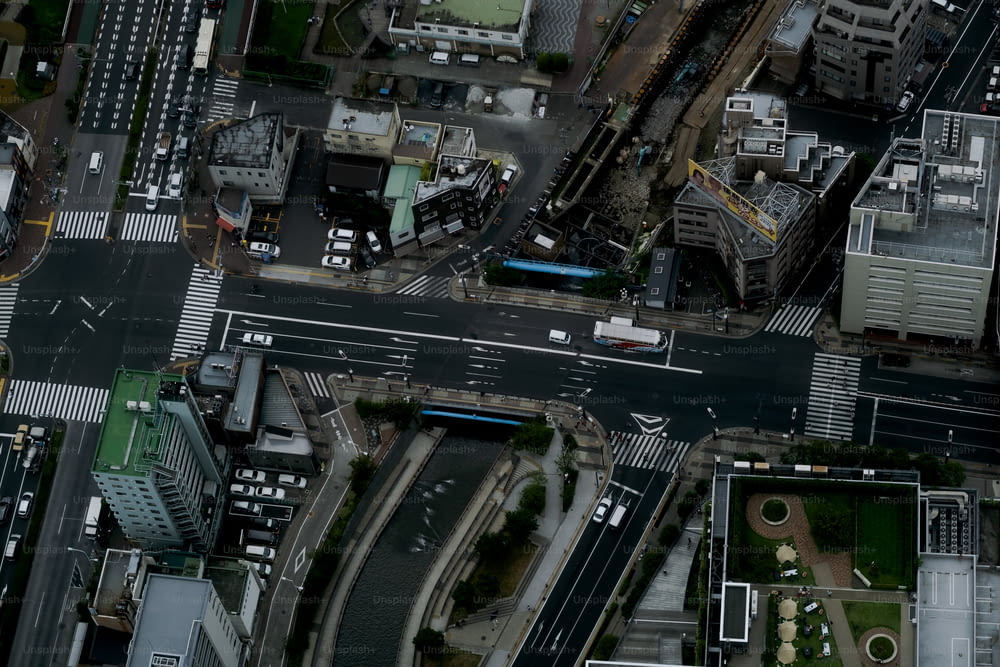 an aerial view of a city street intersection