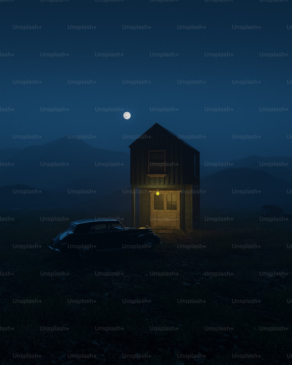 a car parked in front of a small building with a moon in the sky
