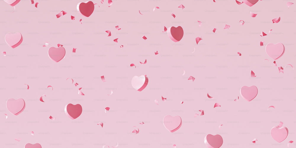a bunch of pink hearts floating in the air