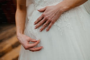 a close up of a person wearing a wedding dress