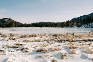 a snow covered field with a lake and mountains in the background