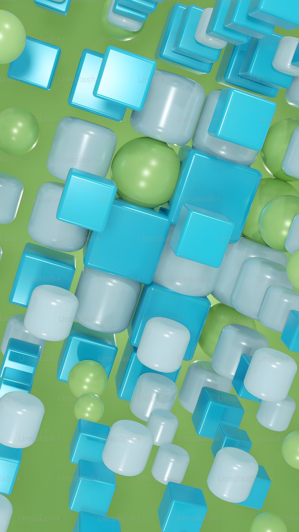 a green and blue abstract background with bubbles and cubes