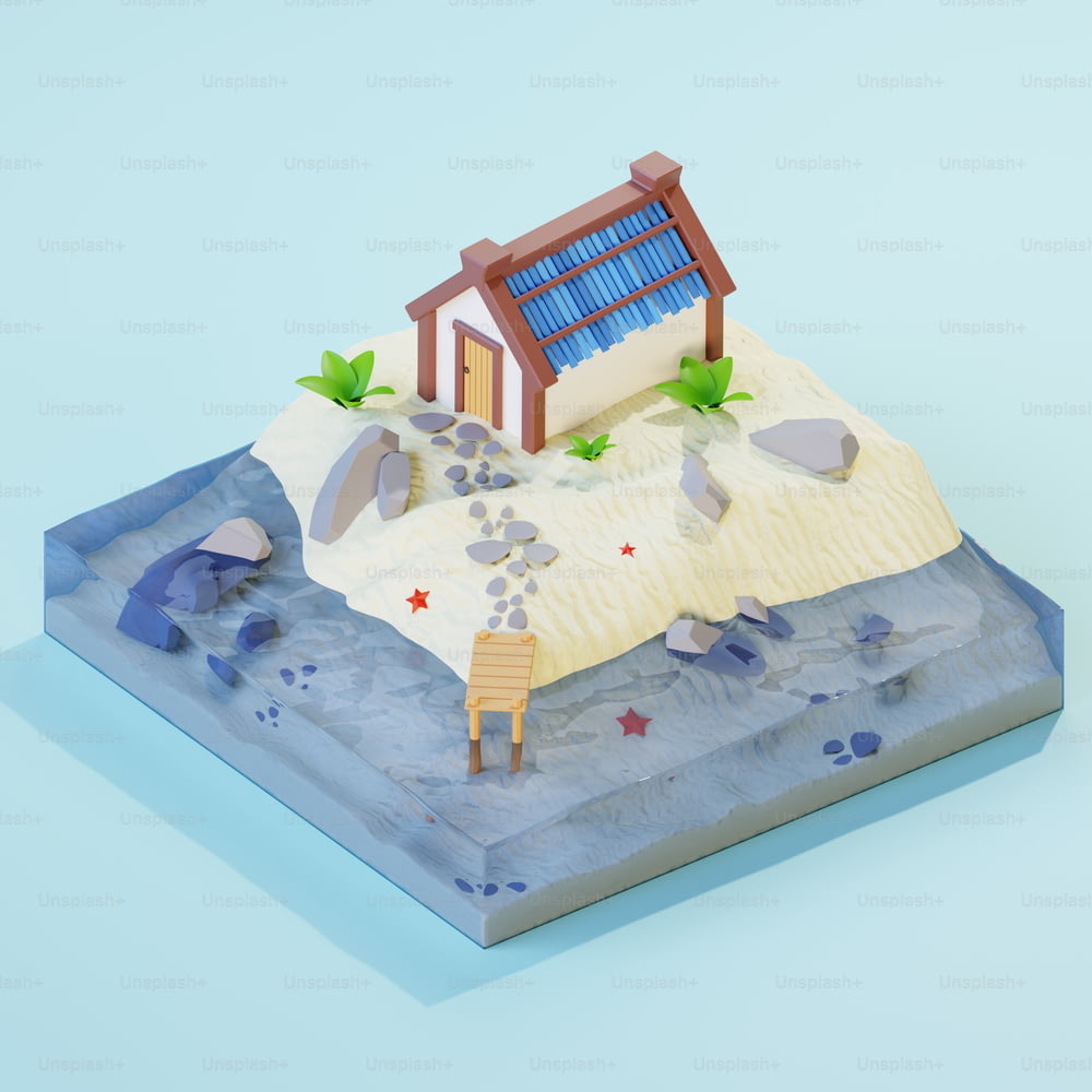 a paper model of a house on a small island