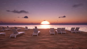 Un groupe de chaises de jardin assis au sommet d’une plage de sable