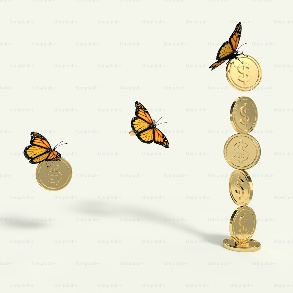 Una farfalla che vola sopra una pila di monete