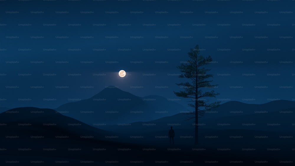 una persona in piedi al buio con una luna piena sullo sfondo