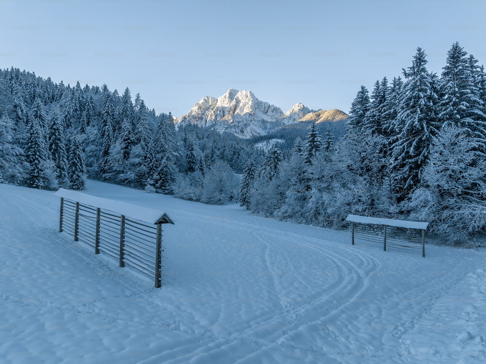 a snow covered field with a fence and mountains in the background