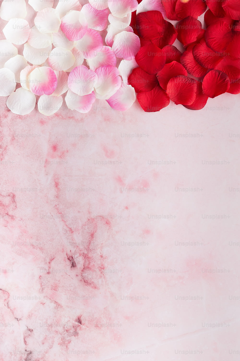 um fundo de mármore rosa com flores vermelhas e brancas