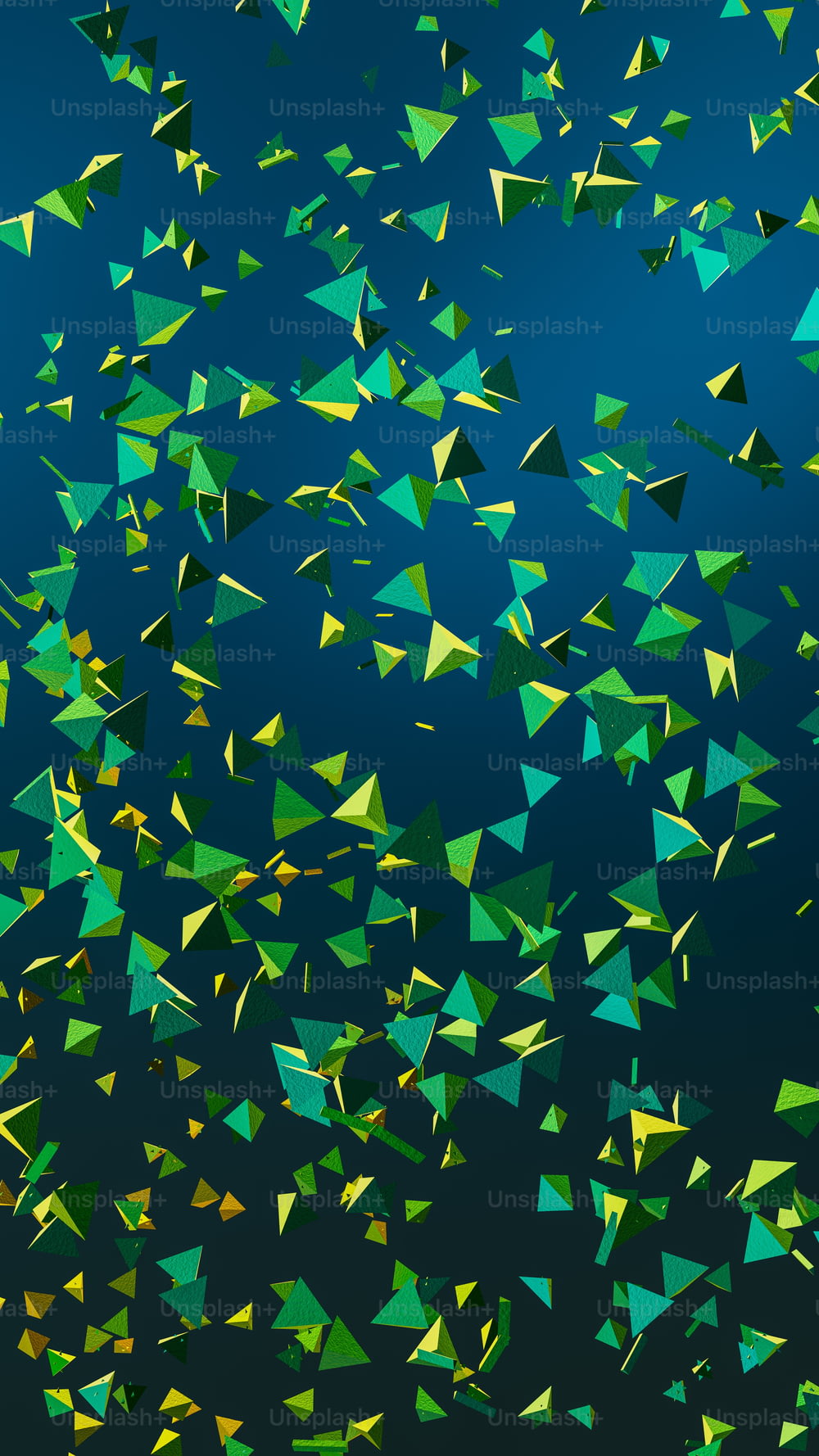 a group of green and yellow triangles flying in the air