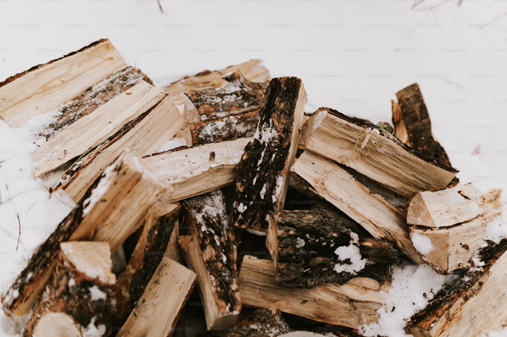 Un montón de madera sentado sobre el suelo cubierto de nieve