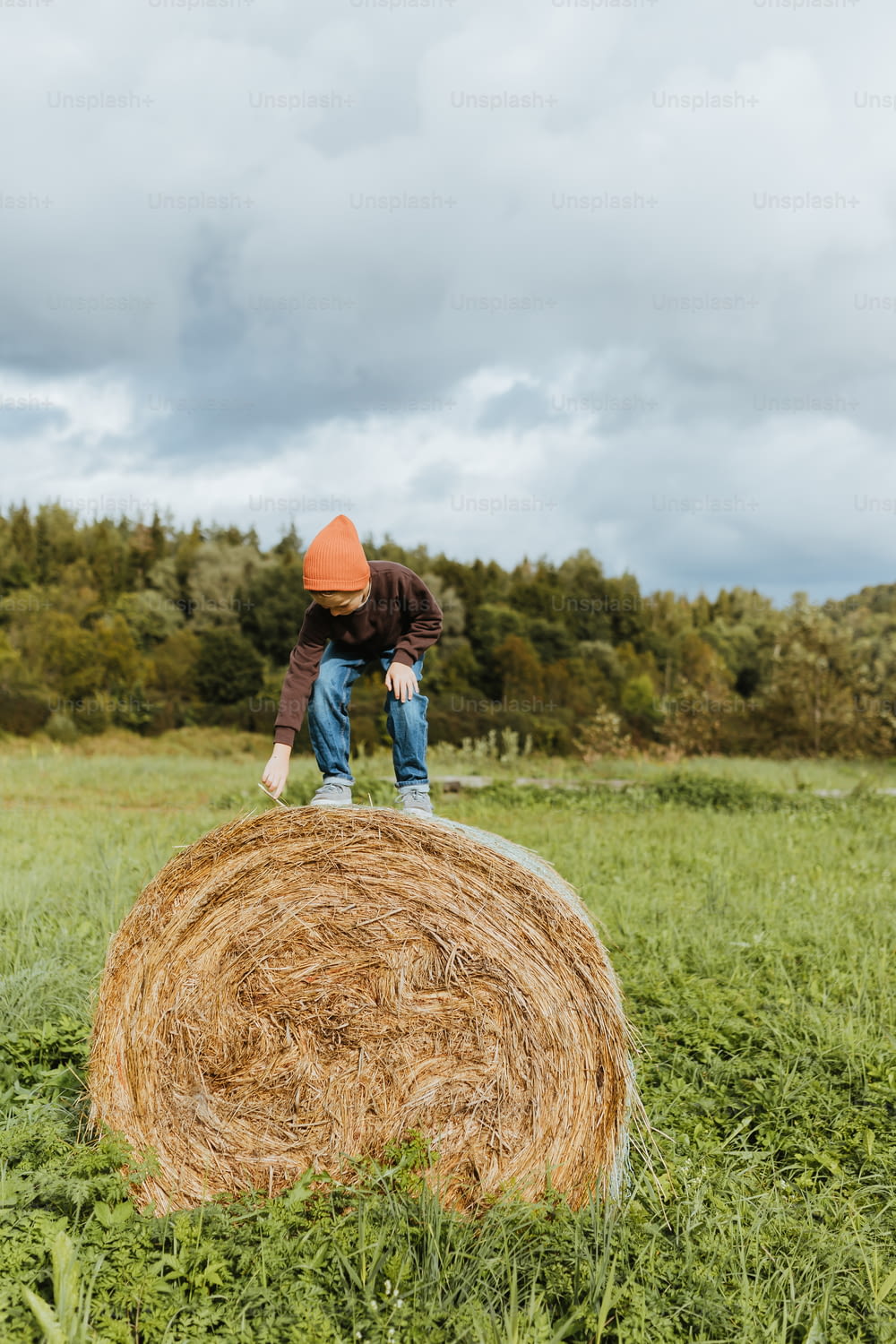 a person standing on top of a hay bale in a field