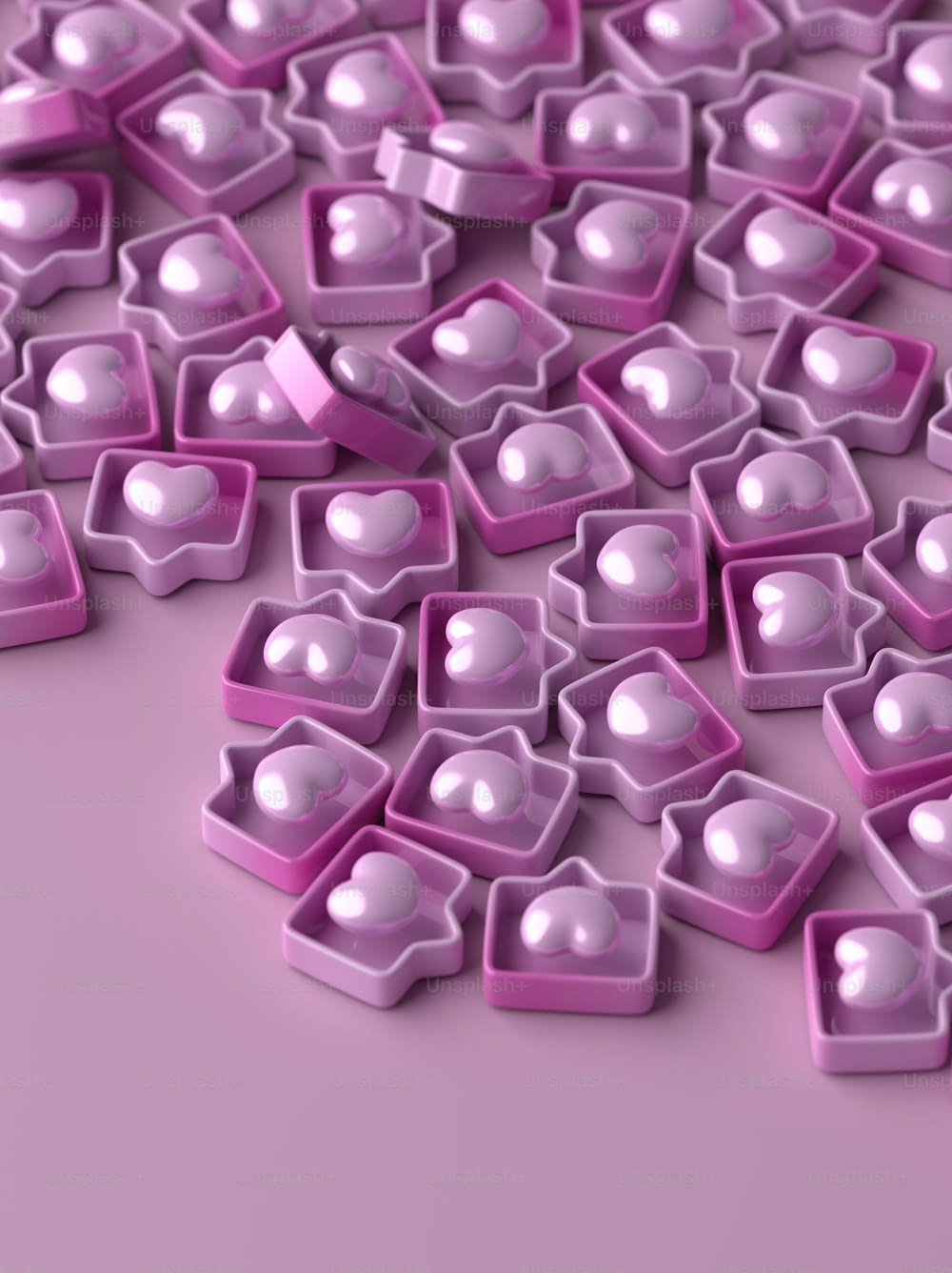 a pile of purple plastic hearts on a pink surface