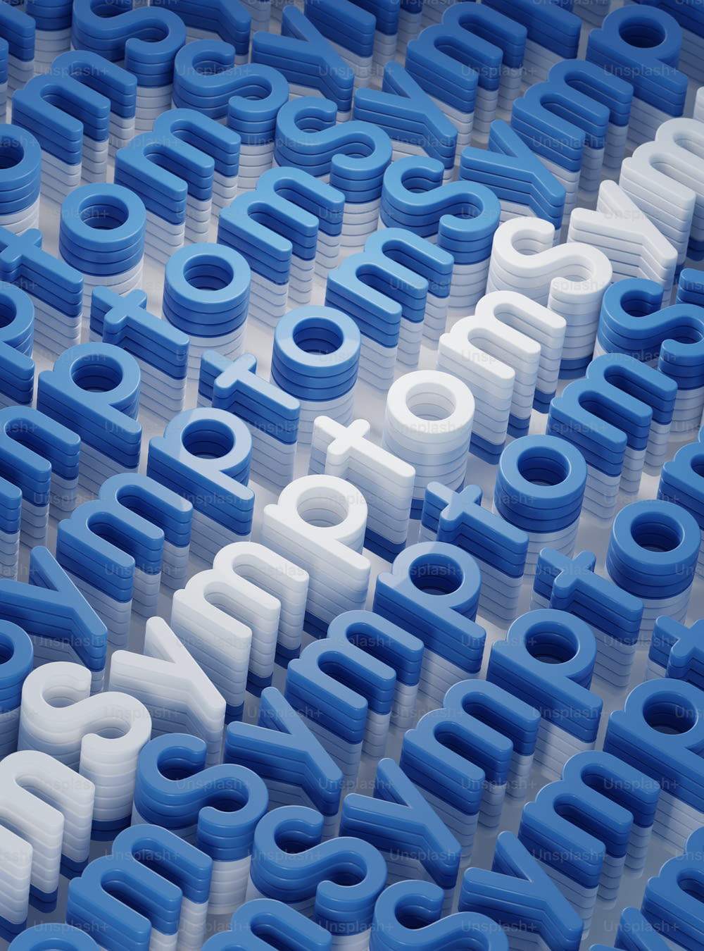 a large group of blue and white letters