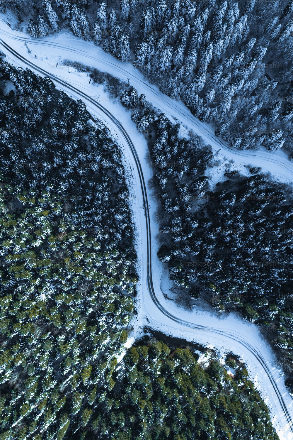Una veduta aerea di una strada che si snoda attraverso una foresta innevata