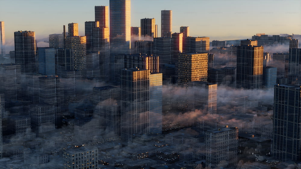 Une vue d’une ville avec des gratte-ciel dans le brouillard