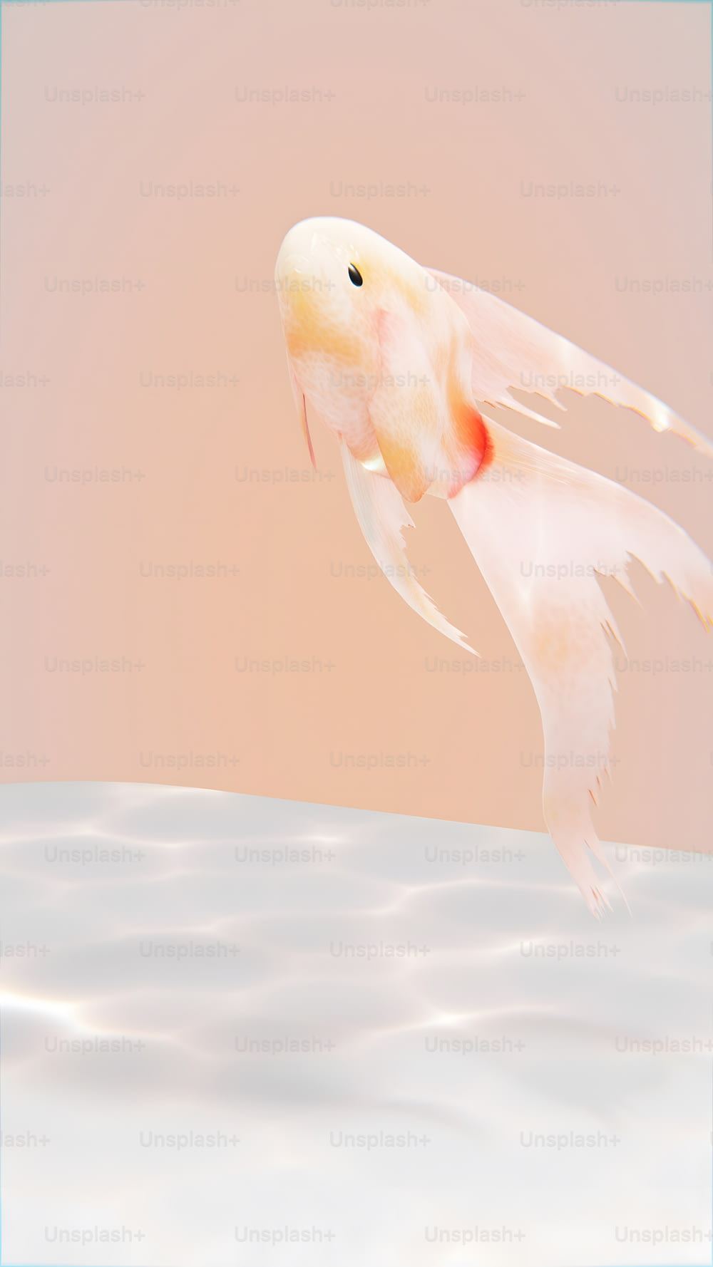 a goldfish in flight with a pink background