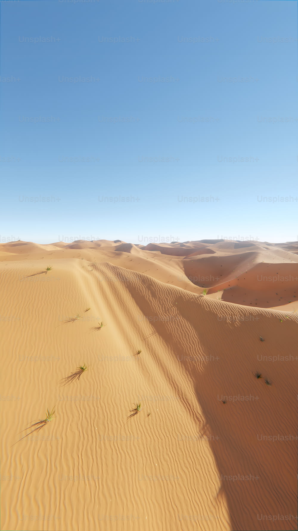 a desert landscape with sand dunes and a blue sky