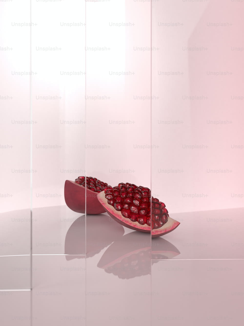 a pomegranate in a glass display case