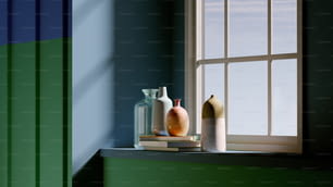 um peitoril da janela com dois vasos e um livro sobre ele