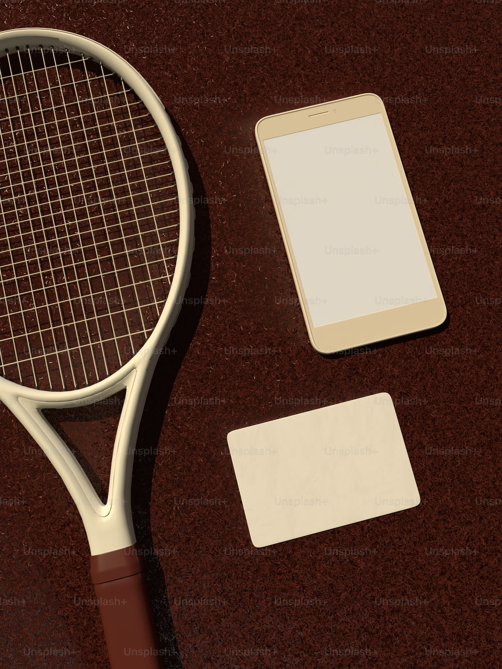un teléfono y una raqueta de tenis en una mesa
