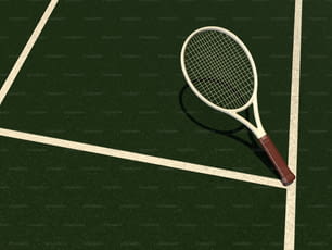 테니스 라켓이 테니스 코트에 누워 있다