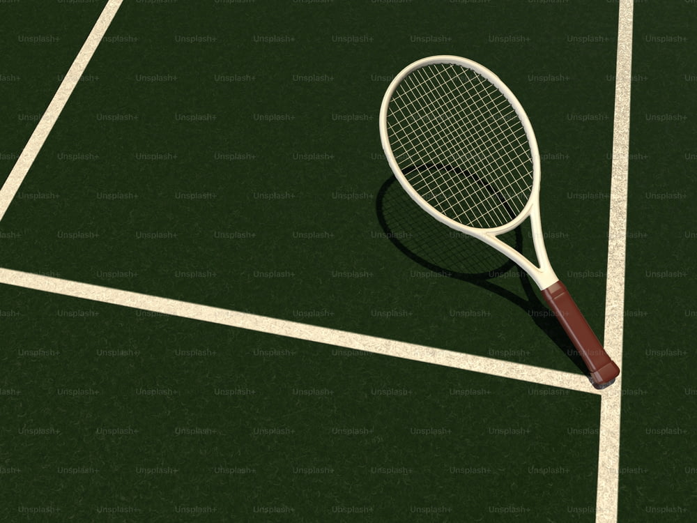 Una raqueta de tenis está en una cancha de tenis