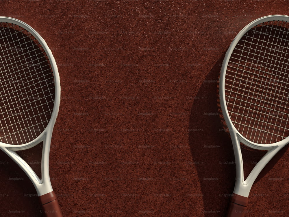 two tennis racquets laying on a brown surface
